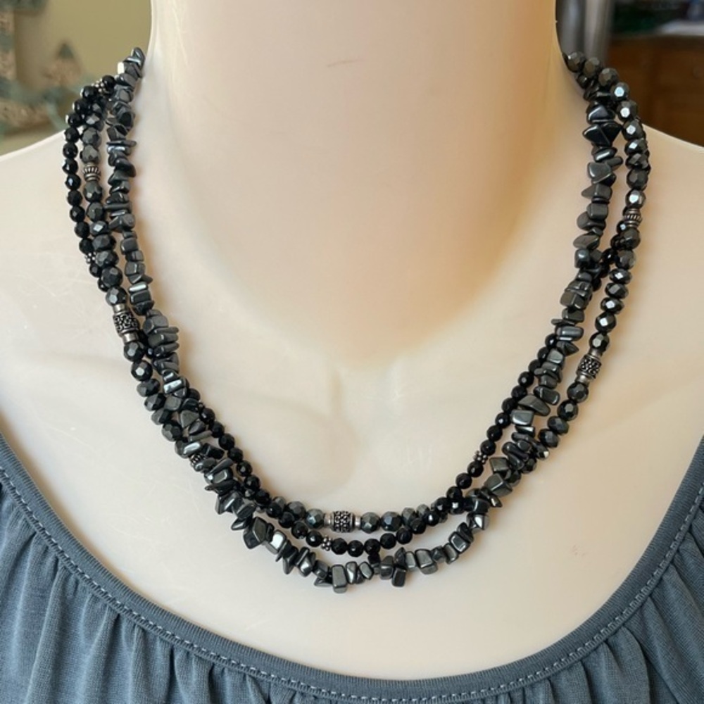 Black 3 Strand Necklace with Silver Tone Accents